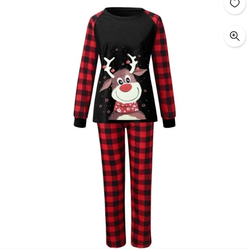 Fleece Lined Red Buffalo Plaid Holiday Reindeer Women's Christmas Pajamas Set S